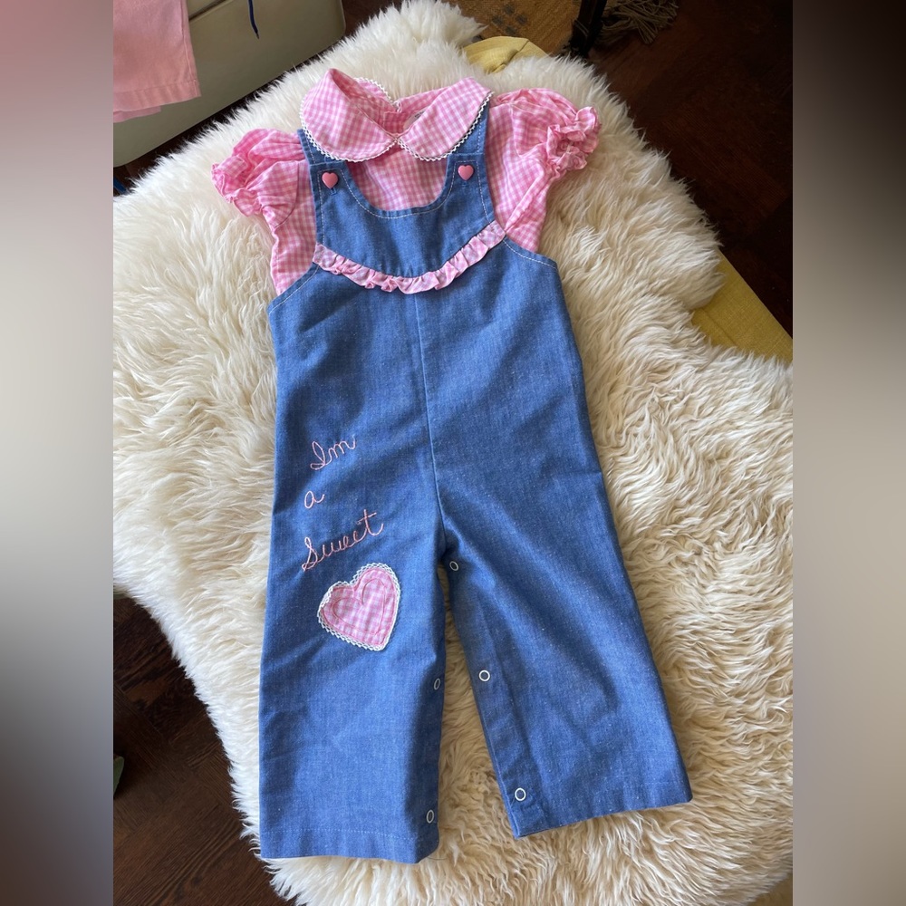 80s vintage 2 piece set overalls and short sleeved gingham top Peter pan collar